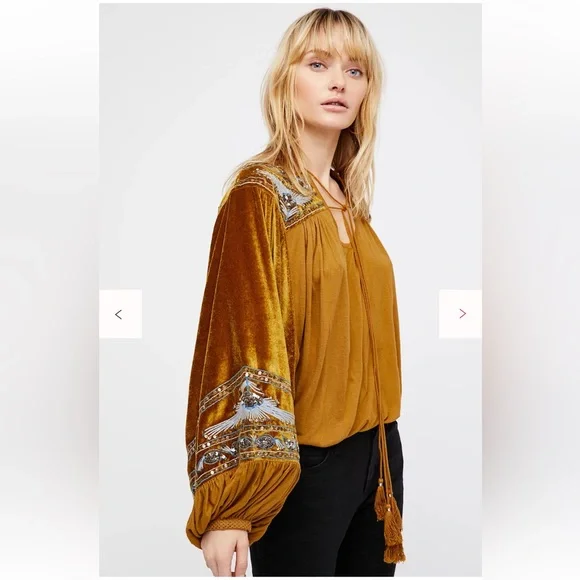 Free People Hearts Aflame Oversized Gold Velvet Embroidered Blouse - Picture 2 of 11